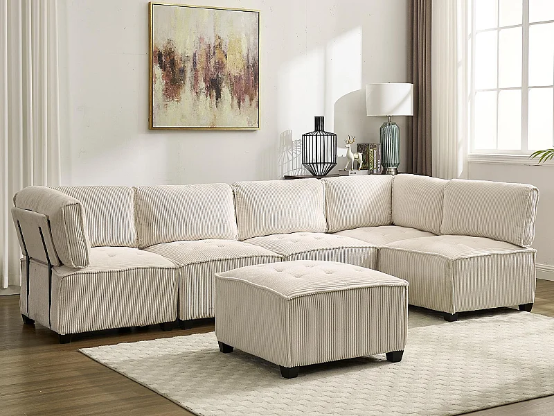 Canapé d'Angle Modulable 6 Places en Velours Beige - Modulable à Volonté - Design contemporain