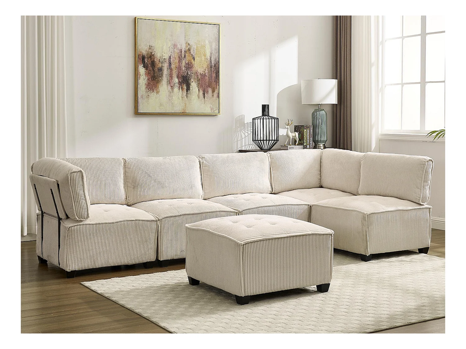 Canapé d'Angle Modulable 6 Places en Velours Beige - Modulable à Volonté - Design contemporain