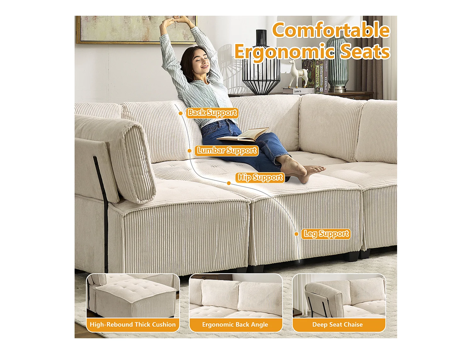 Canapé d'Angle Modulable 6 Places en Velours Beige - Modulable à Volonté - Design contemporain