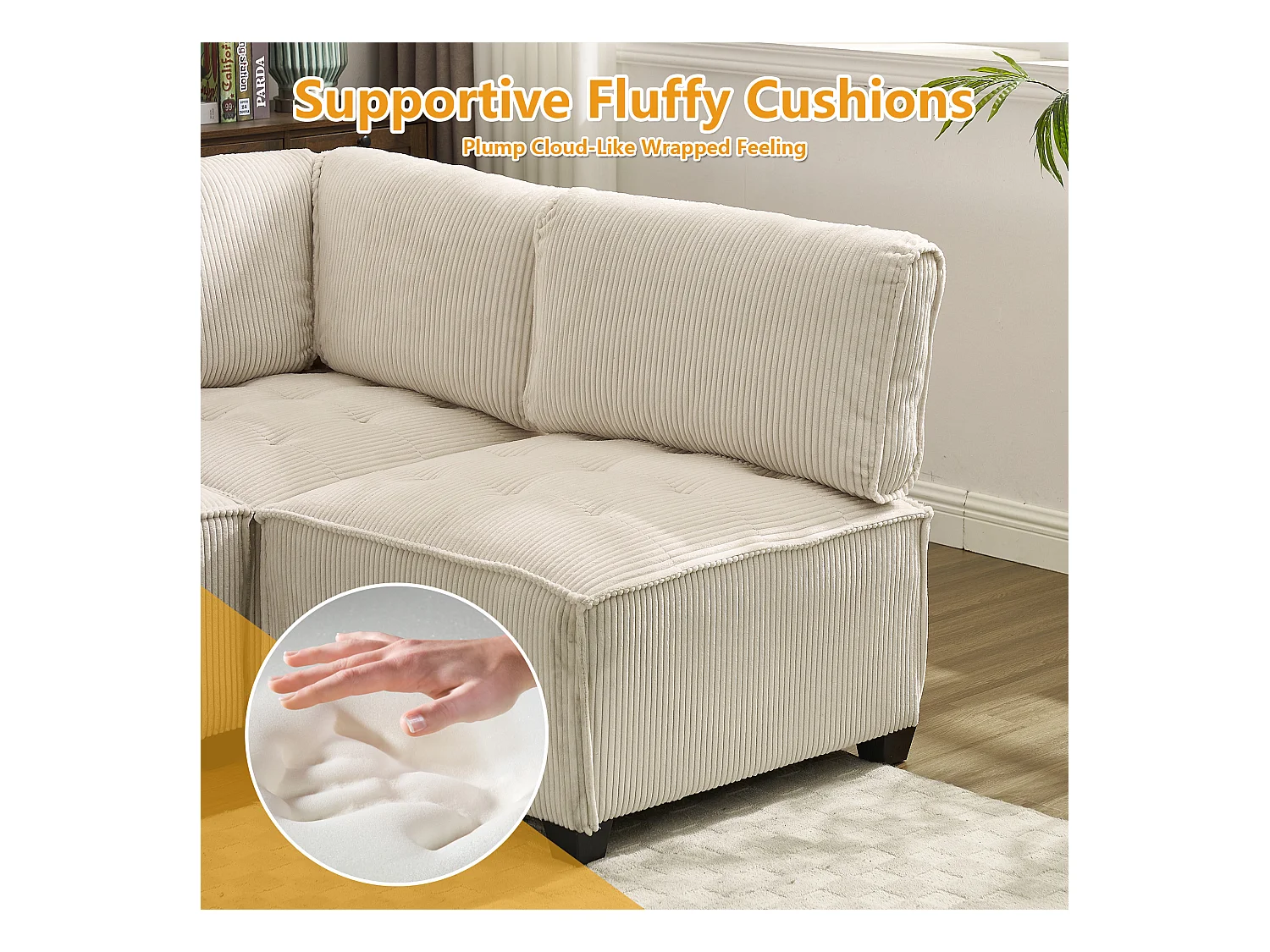 Canapé d'Angle Modulable 6 Places en Velours Beige - Modulable à Volonté - Design contemporain