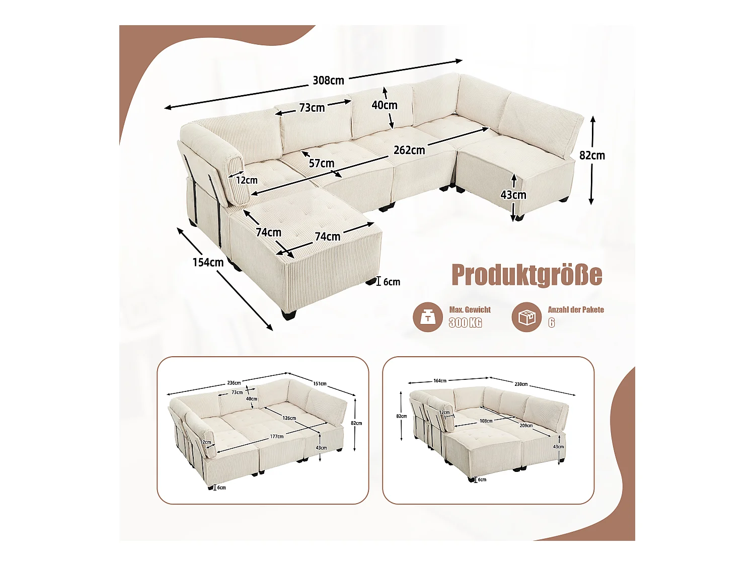 Canapé d'Angle Modulable 6 Places en Velours Beige - Modulable à Volonté - Design contemporain