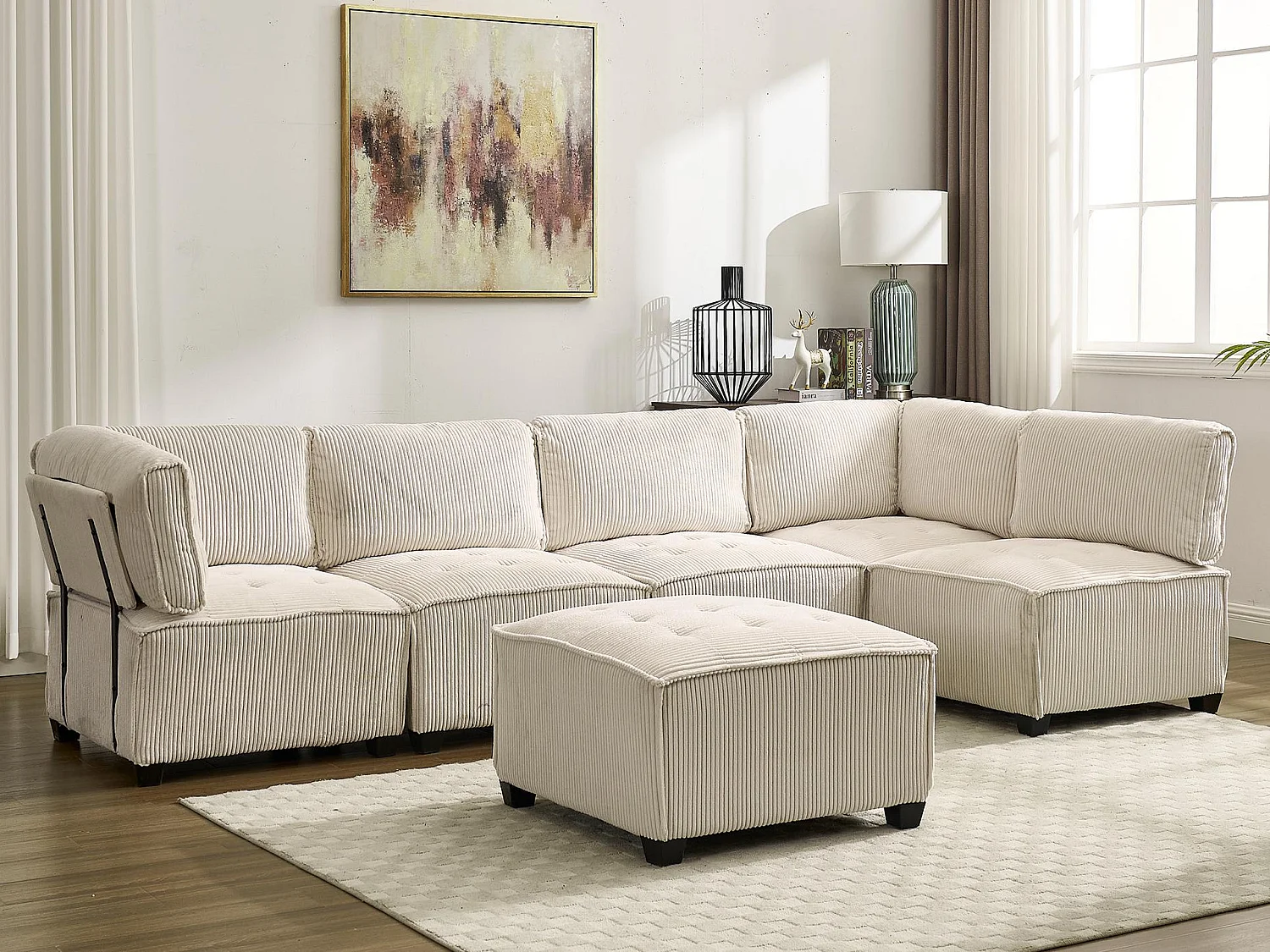 Canapé d'Angle Modulable 6 Places en Velours Beige - Modulable à Volonté - Design contemporain