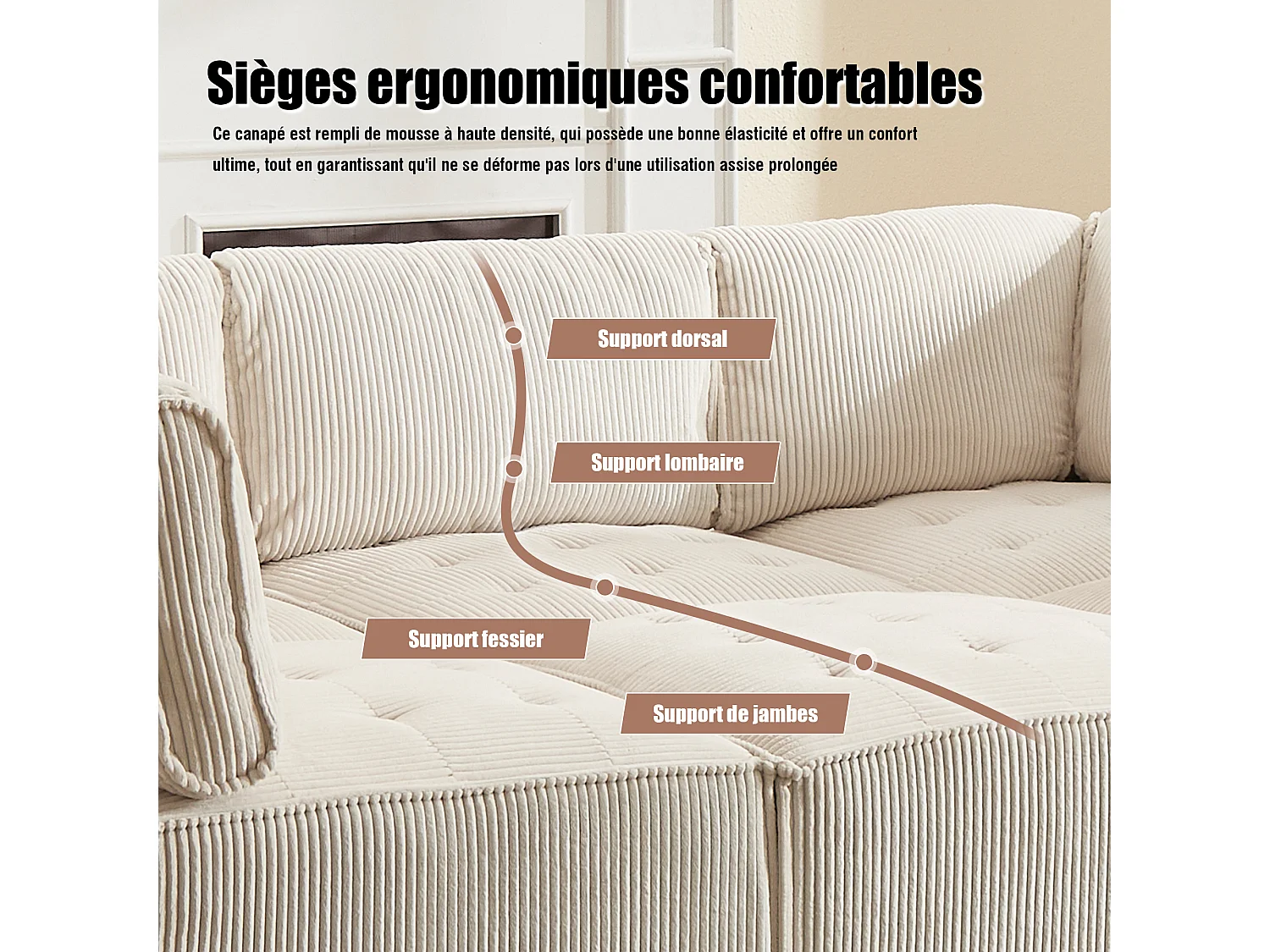 Canapé d'Angle Modulable 6 Places en Velours Beige - Modulable à Volonté - Design contemporain