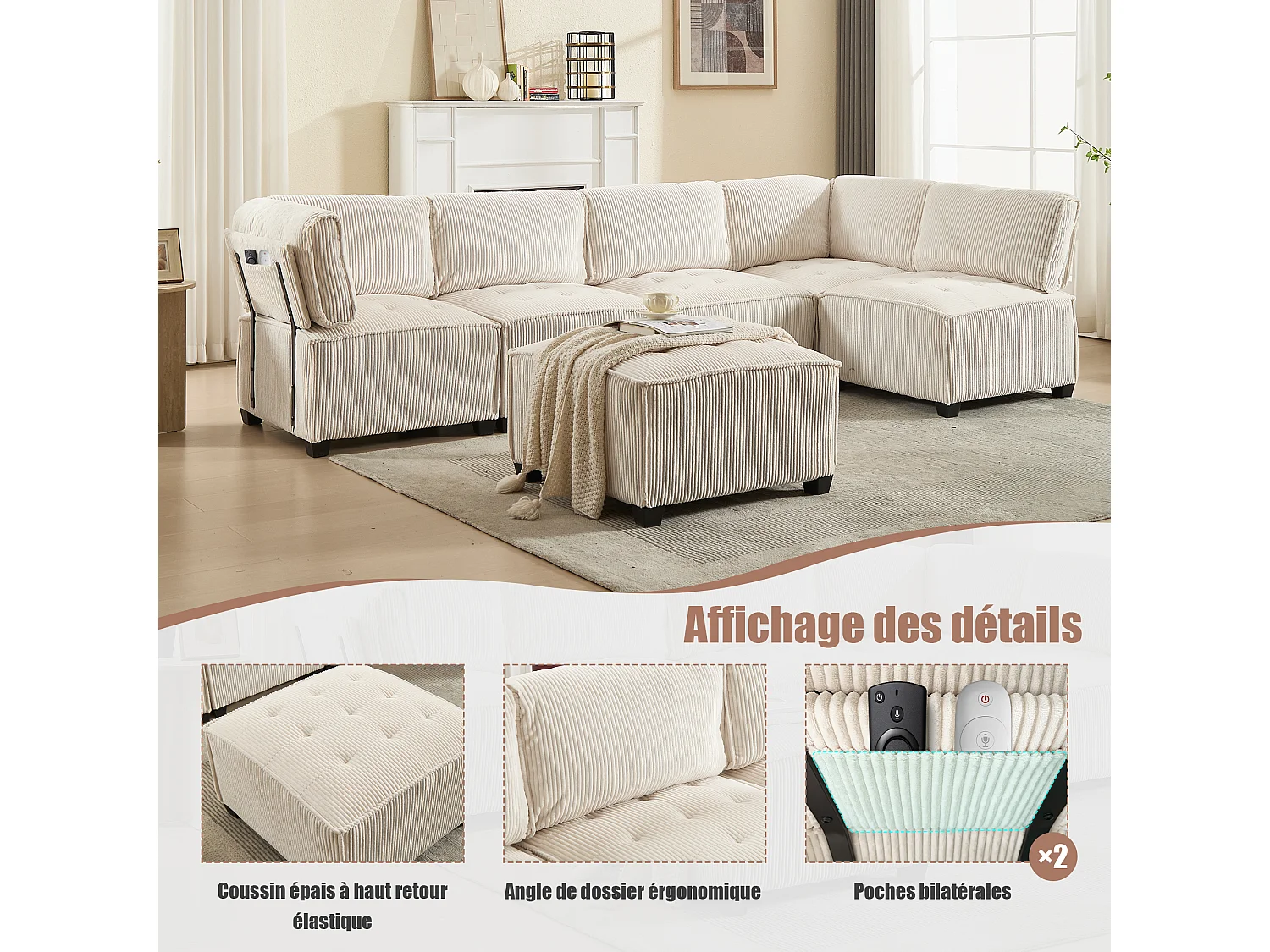 Canapé d'Angle Modulable 6 Places en Velours Beige - Modulable à Volonté - Design contemporain
