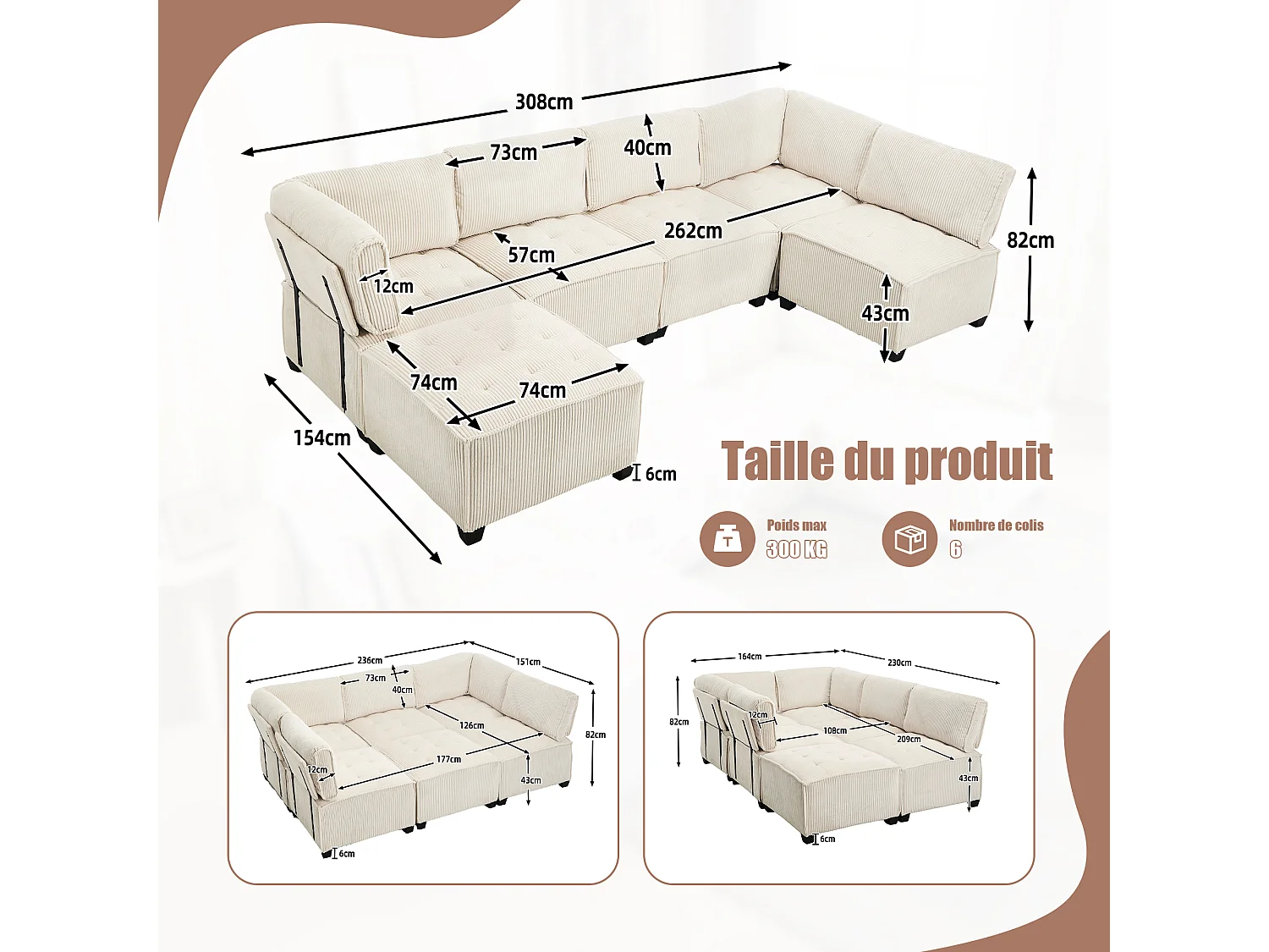 Canapé d'Angle Modulable 6 Places en Velours Beige - Modulable à Volonté - Design contemporain