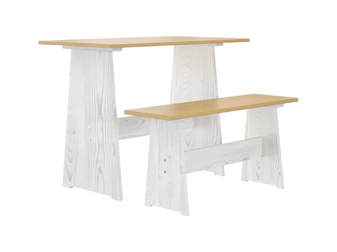 Table à manger et banc REINE marron miel blanc bois pin solide