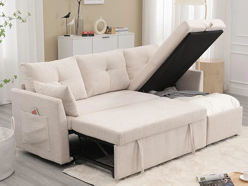 Canapé 3 Places d'Angle Convertible avec Rangement en Velours Beige Rayé -  avec 2 Oreiller - 206x130x66-88cm