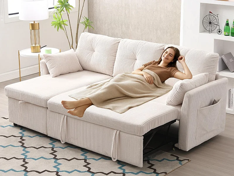 Aluurex 1.0 - Canapé 3 Places d'Angle Convertible avec Rangement en Velours Beige Rayé -  avec 2 Oreiller - 206x130x66-88cm