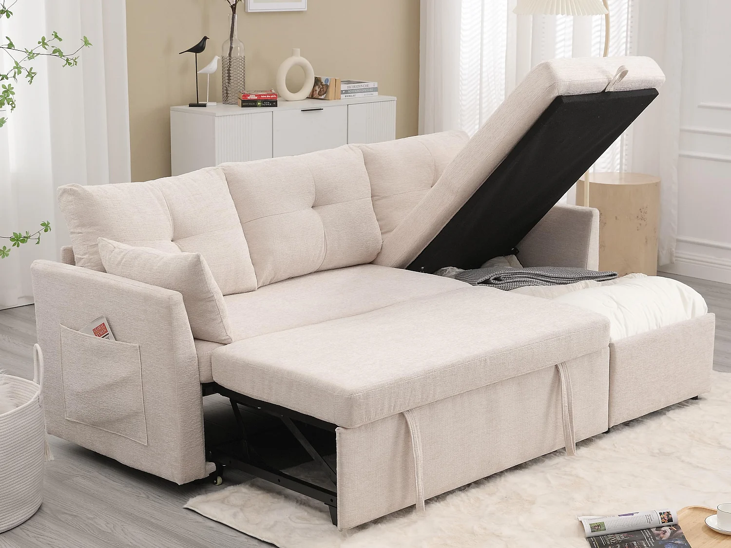 Canapé 3 Places d'Angle Convertible avec Rangement en Velours Beige Rayé -  avec 2 Oreiller - 206x130x66-88cm