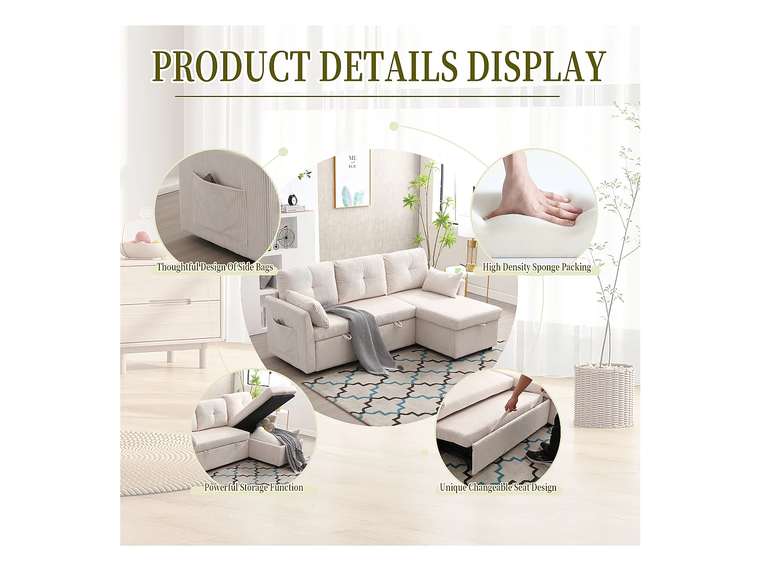 Canapé 3 Places d'Angle Convertible avec Rangement en Velours Beige Rayé -  avec 2 Oreiller - 206x130x66-88cm