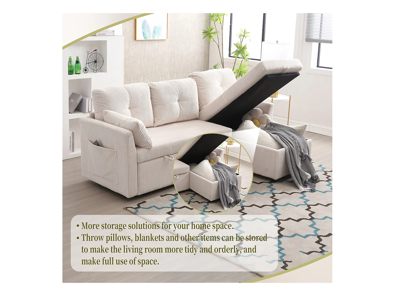 Canapé 3 Places d'Angle Convertible avec Rangement en Velours Beige Rayé -  avec 2 Oreiller - 206x130x66-88cm