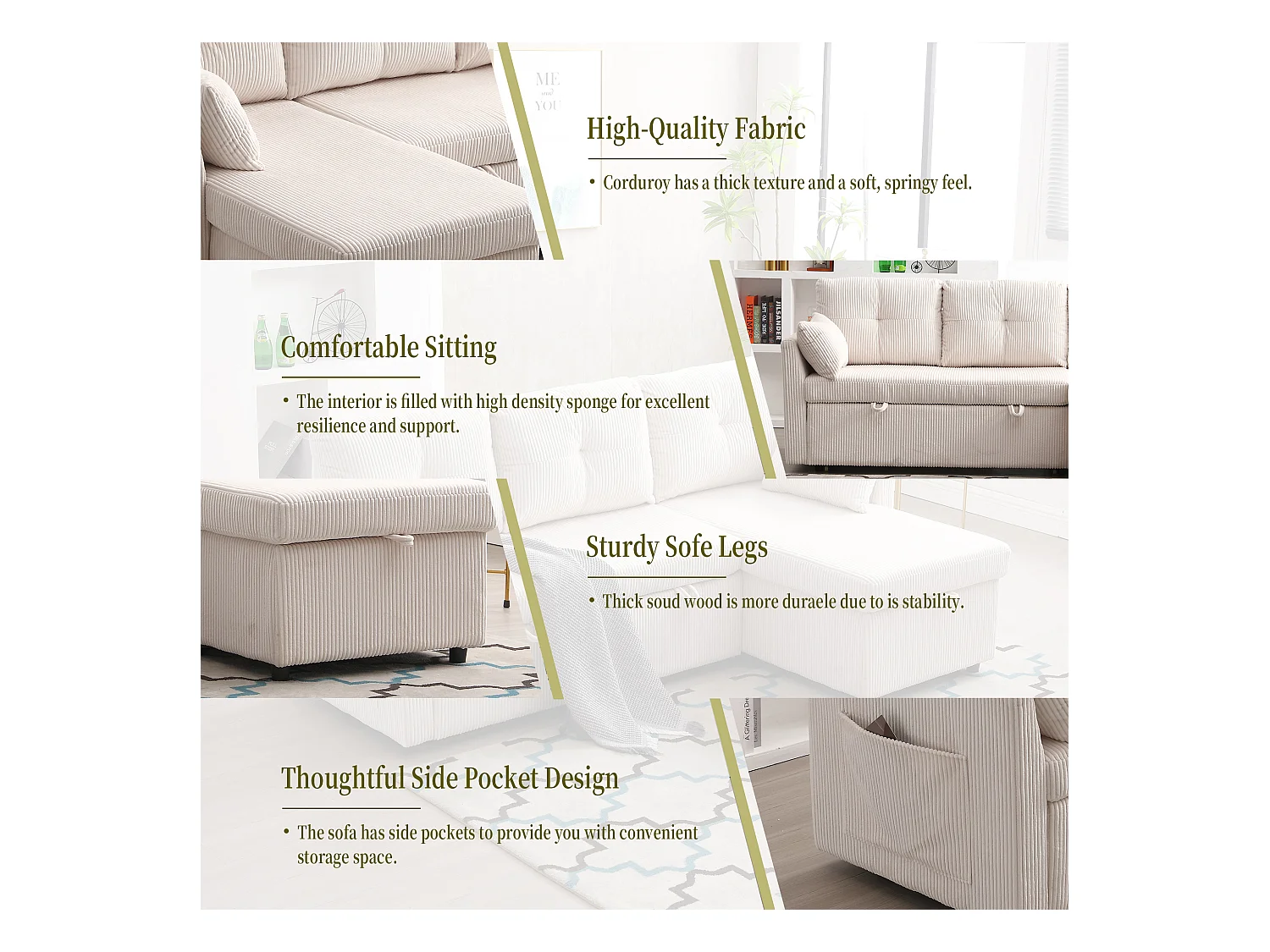 Canapé 3 Places d'Angle Convertible avec Rangement en Velours Beige Rayé -  avec 2 Oreiller - 206x130x66-88cm