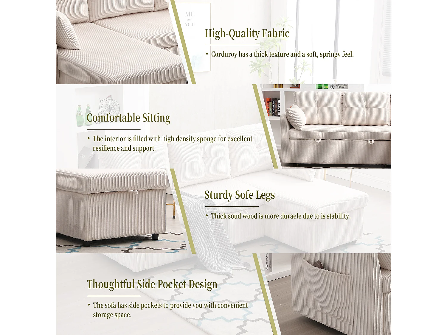 Aluurex 1.0 - Canapé 3 Places d'Angle Convertible avec Rangement en Velours Beige Rayé -  avec 2 Oreiller - 206x130x66-88cm