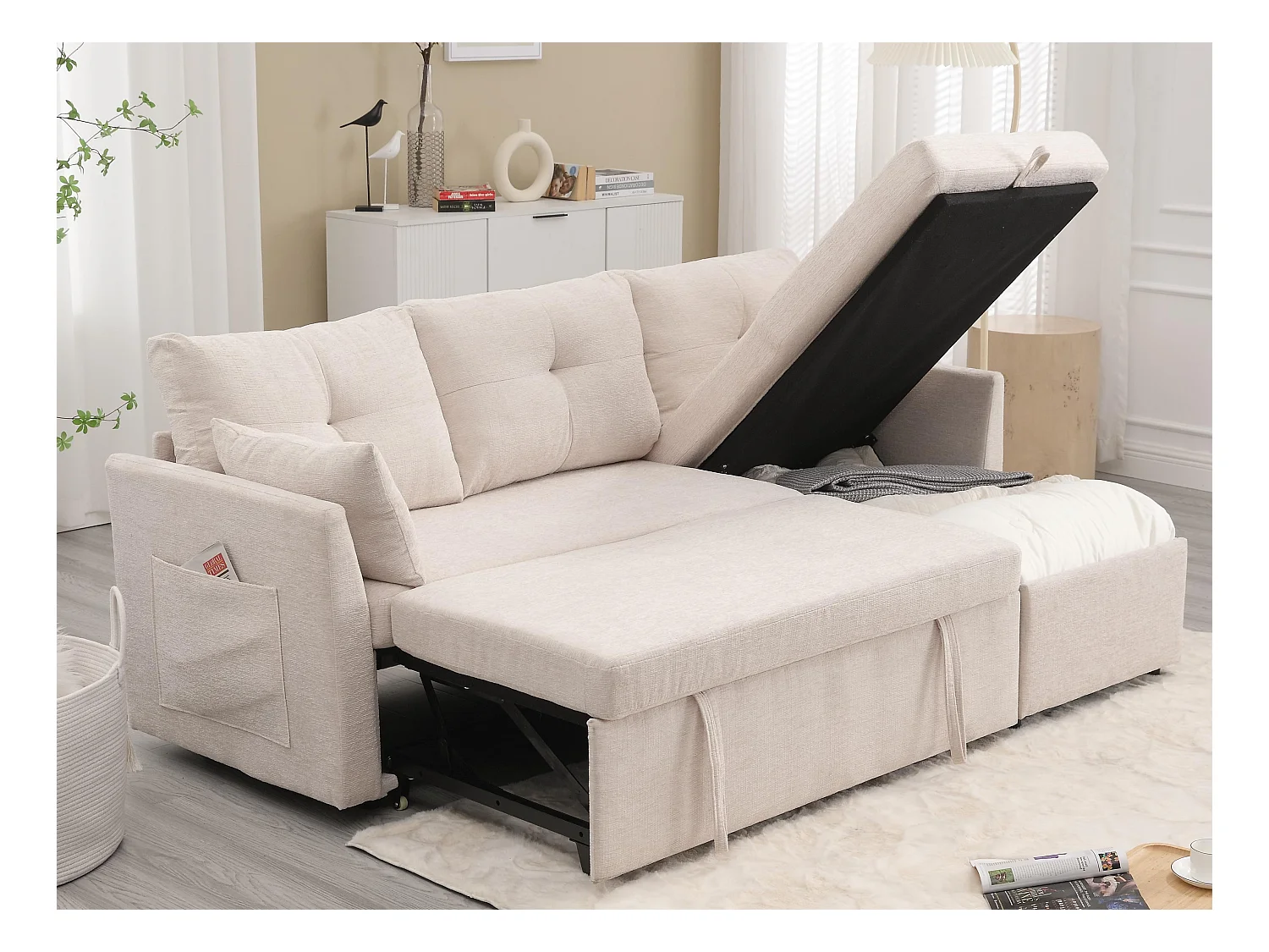 Canapé 3 Places d'Angle Convertible avec Rangement en Velours Beige Rayé -  avec 2 Oreiller - 206x130x66-88cm