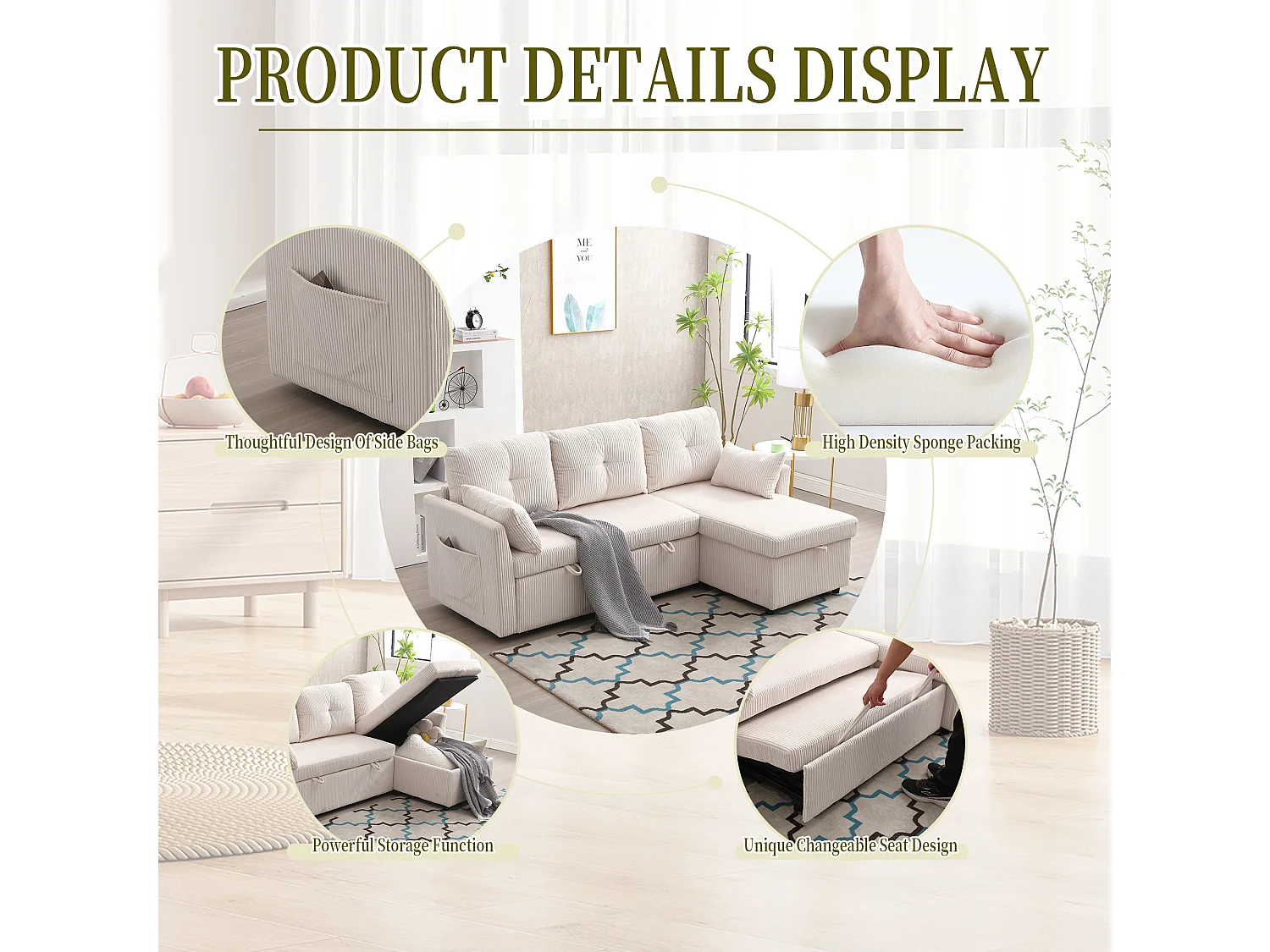 Aluurex 1.0 - Canapé 3 Places d'Angle Convertible avec Rangement en Velours Beige Rayé -  avec 2 Oreiller - 206x130x66-88cm