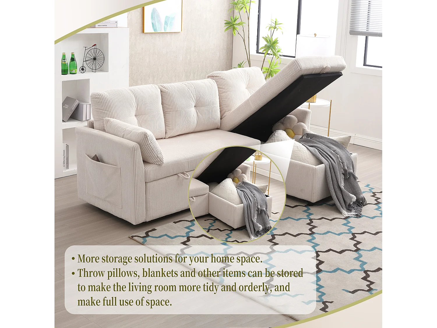 Aluurex 1.0 - Canapé 3 Places d'Angle Convertible avec Rangement en Velours Beige Rayé -  avec 2 Oreiller - 206x130x66-88cm