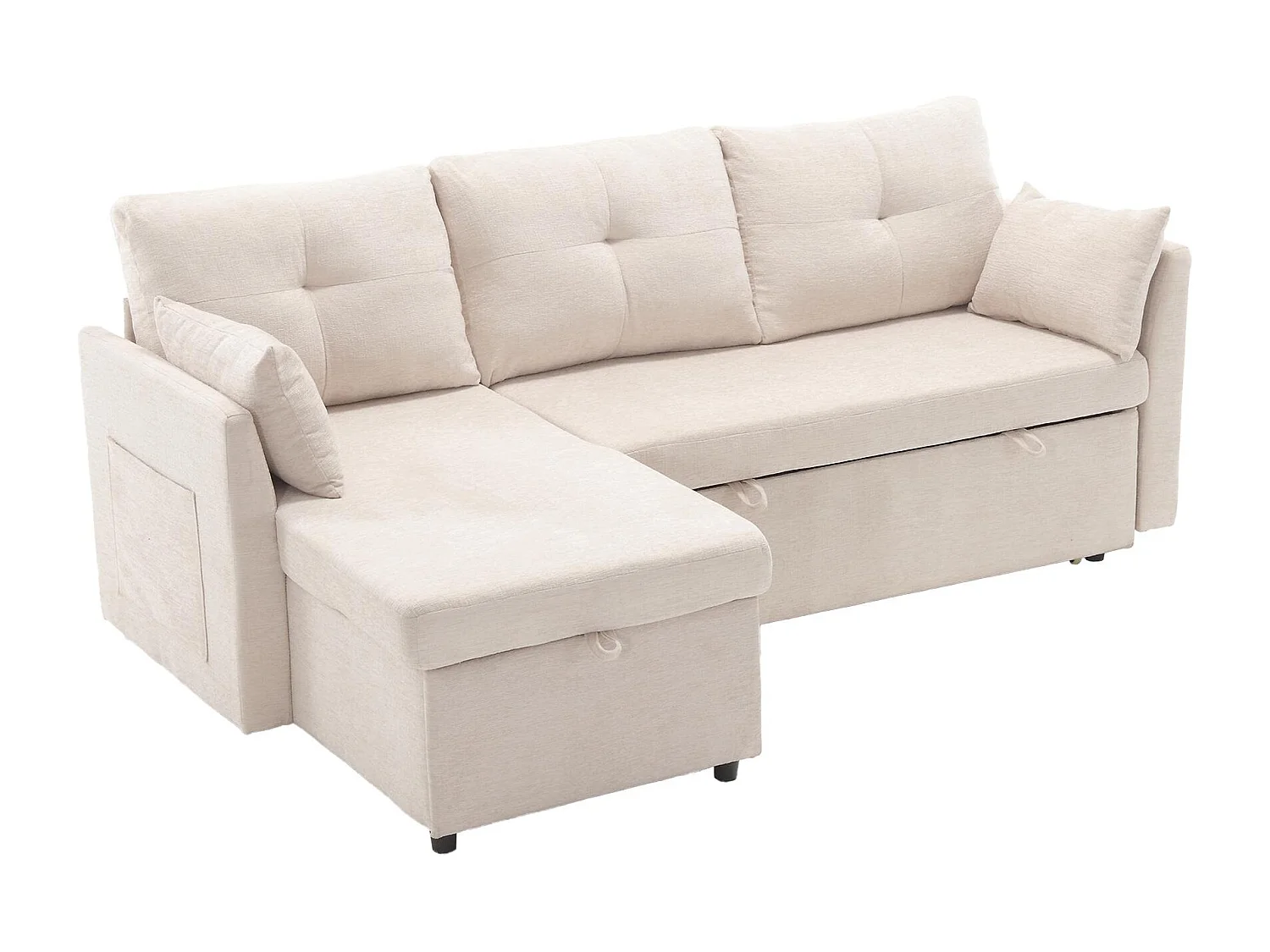 Aluurex 1.0 - Canapé 3 Places d'Angle Convertible avec Rangement en Velours Beige Rayé -  avec 2 Oreiller - 206x130x66-88cm