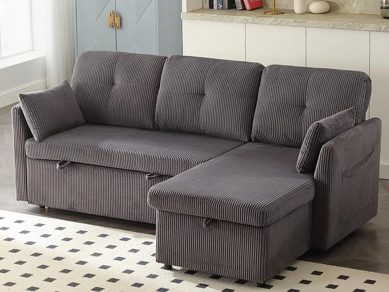 Allurex 1.0 - Canapé 3 Places d'Angle Convertible avec Rangement en Velours Gris Anthracite Rayé -  avec 2 Oreiller - 206x130x66-88cm