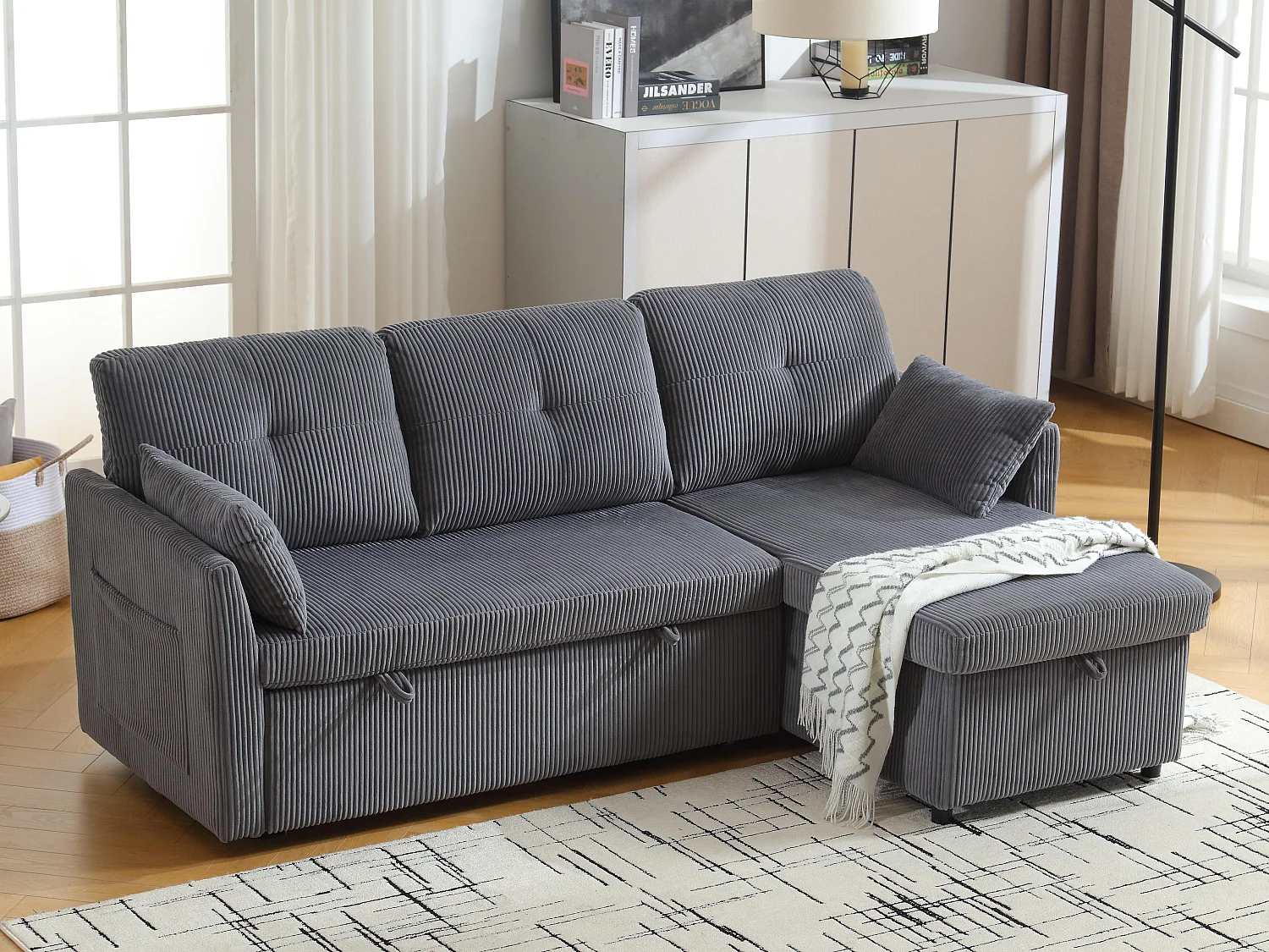 Canapé 3 Places d'Angle Convertible avec Rangement en Velours Gris Anthracite Rayé -  avec 2 Oreiller - 206x130x66-88cm