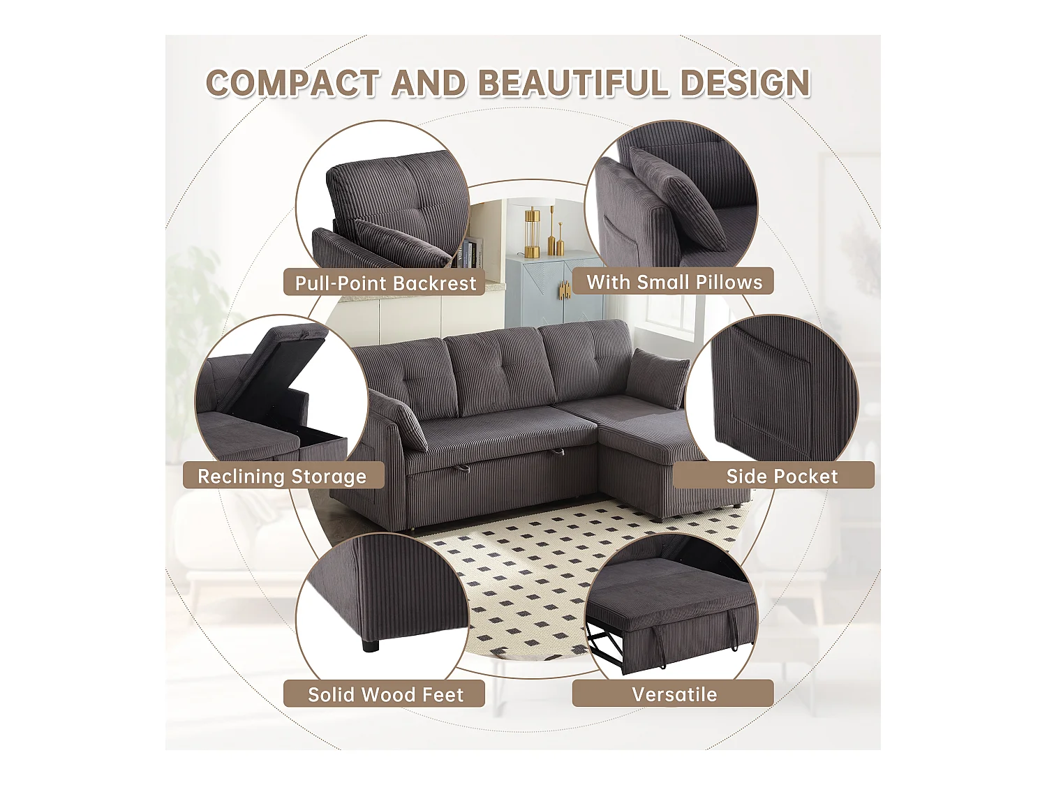 Canapé 3 Places d'Angle Convertible avec Rangement en Velours Gris Anthracite Rayé -  avec 2 Oreiller - 206x130x66-88cm