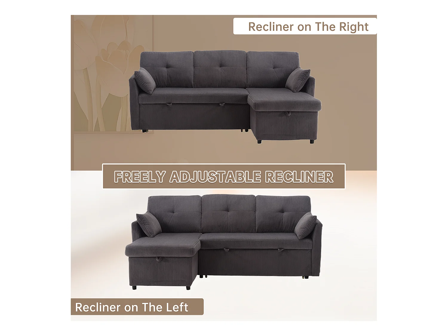 Canapé 3 Places d'Angle Convertible avec Rangement en Velours Gris Anthracite Rayé -  avec 2 Oreiller - 206x130x66-88cm