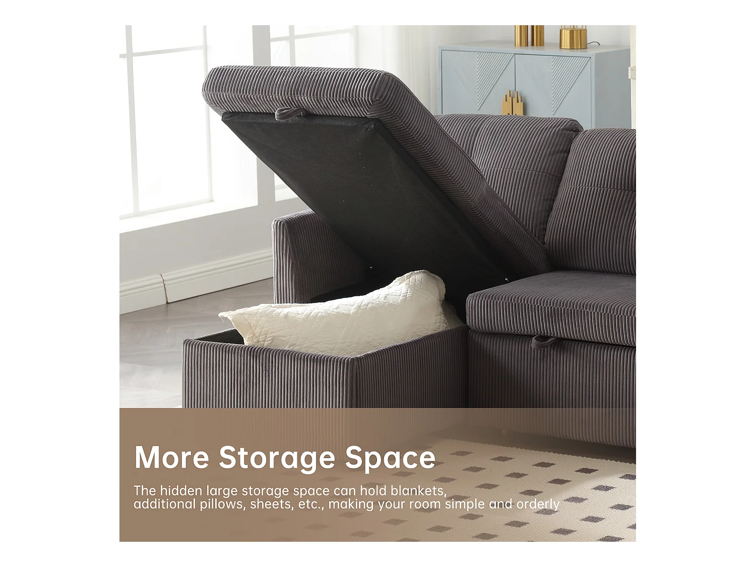 Canapé 3 Places d'Angle Convertible avec Rangement en Velours Gris Anthracite Rayé -  avec 2 Oreiller - 206x130x66-88cm