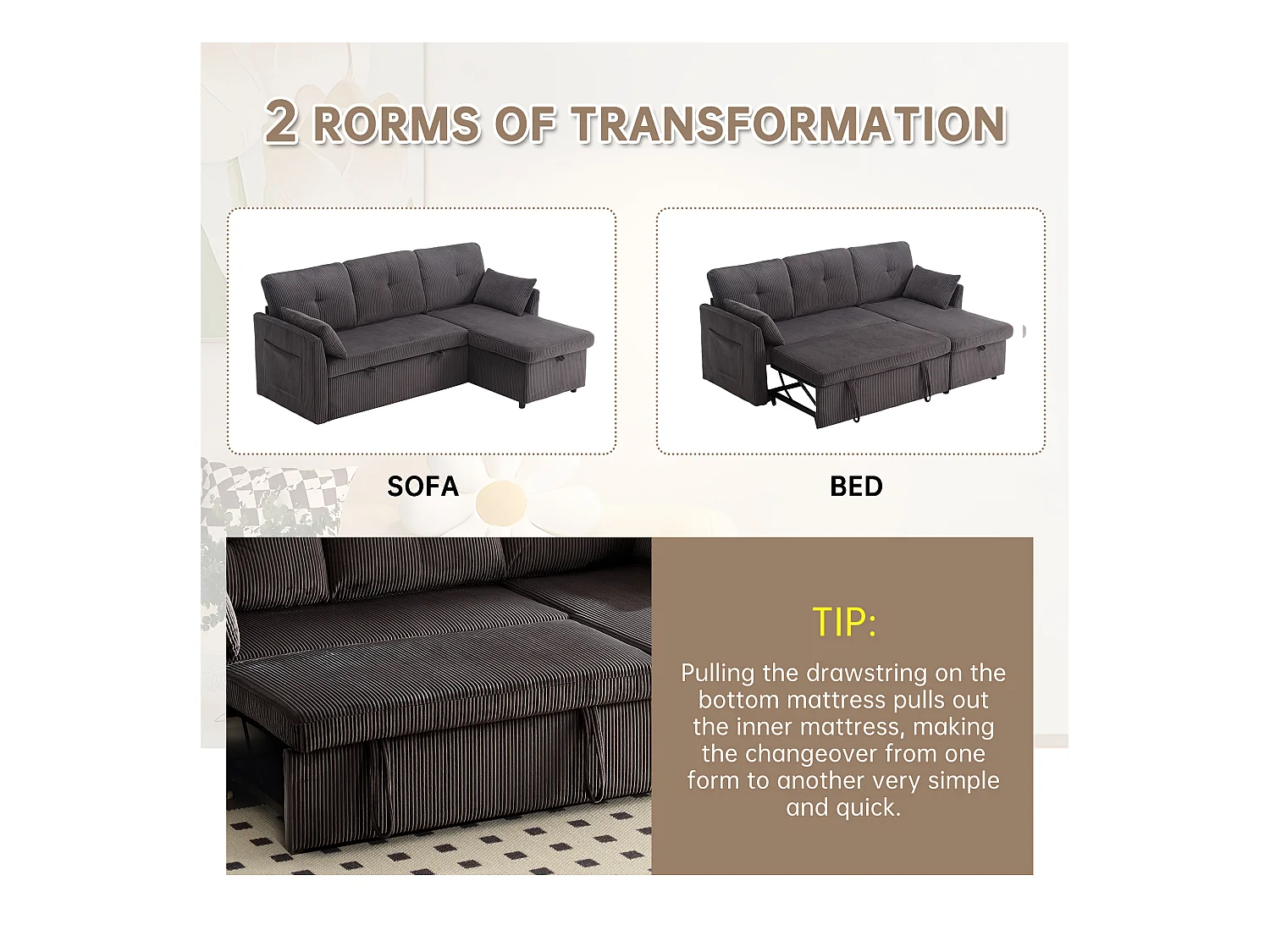 Canapé 3 Places d'Angle Convertible avec Rangement en Velours Gris Anthracite Rayé -  avec 2 Oreiller - 206x130x66-88cm