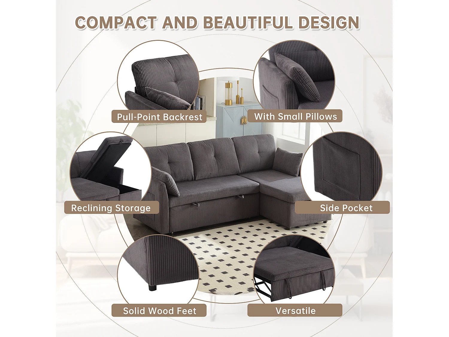 Allurex 1.0 - Canapé 3 Places d'Angle Convertible avec Rangement en Velours Gris Anthracite Rayé -  avec 2 Oreiller - 206x130x66-88cm