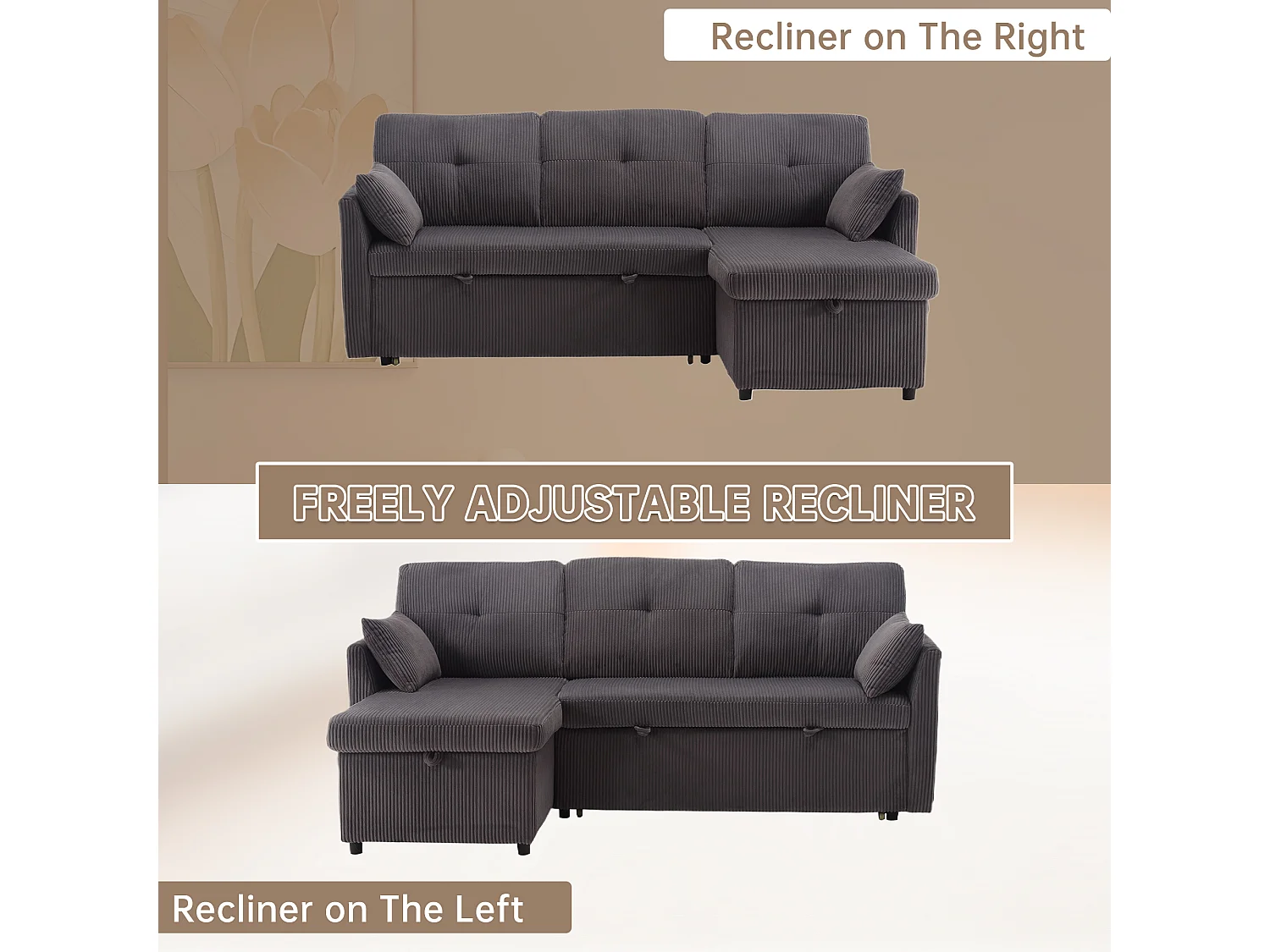 Allurex 1.0 - Canapé 3 Places d'Angle Convertible avec Rangement en Velours Gris Anthracite Rayé -  avec 2 Oreiller - 206x130x66-88cm