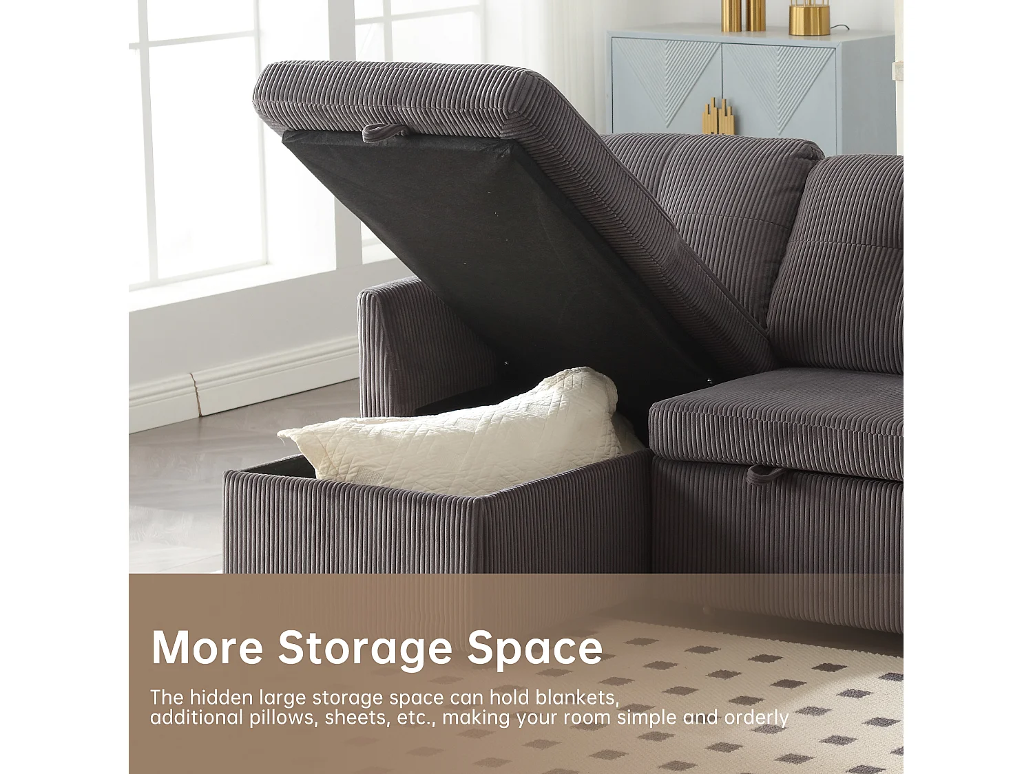 Allurex 1.0 - Canapé 3 Places d'Angle Convertible avec Rangement en Velours Gris Anthracite Rayé -  avec 2 Oreiller - 206x130x66-88cm