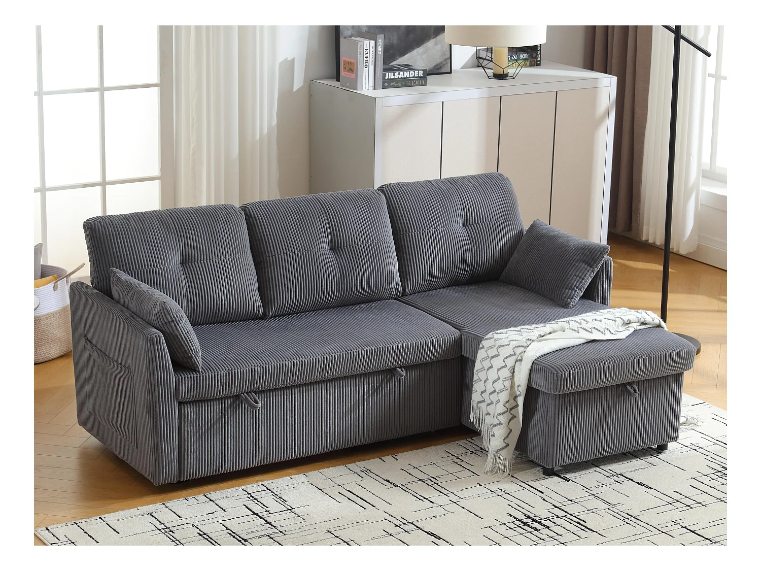 Canapé 3 Places d'Angle Convertible avec Rangement en Velours Gris Anthracite Rayé -  avec 2 Oreiller - 206x130x66-88cm