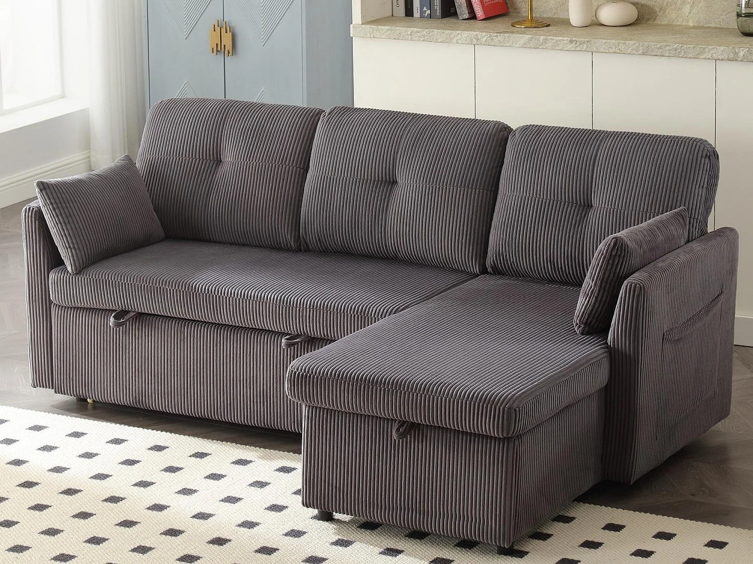 Allurex 1.0 - Canapé 3 Places d'Angle Convertible avec Rangement en Velours Gris Anthracite Rayé -  avec 2 Oreiller - 206x130x66-88cm