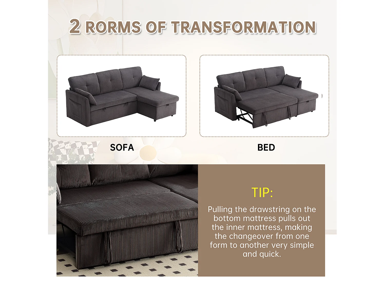 Allurex 1.0 - Canapé 3 Places d'Angle Convertible avec Rangement en Velours Gris Anthracite Rayé -  avec 2 Oreiller - 206x130x66-88cm