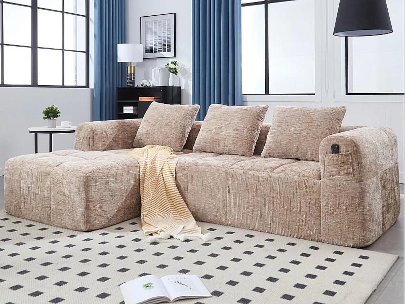 Canapé d'Angle 3 Places en Chenille Taupe avec 3 Dossiers Amovibles  avec Poche de Rangement - Confort Modulable