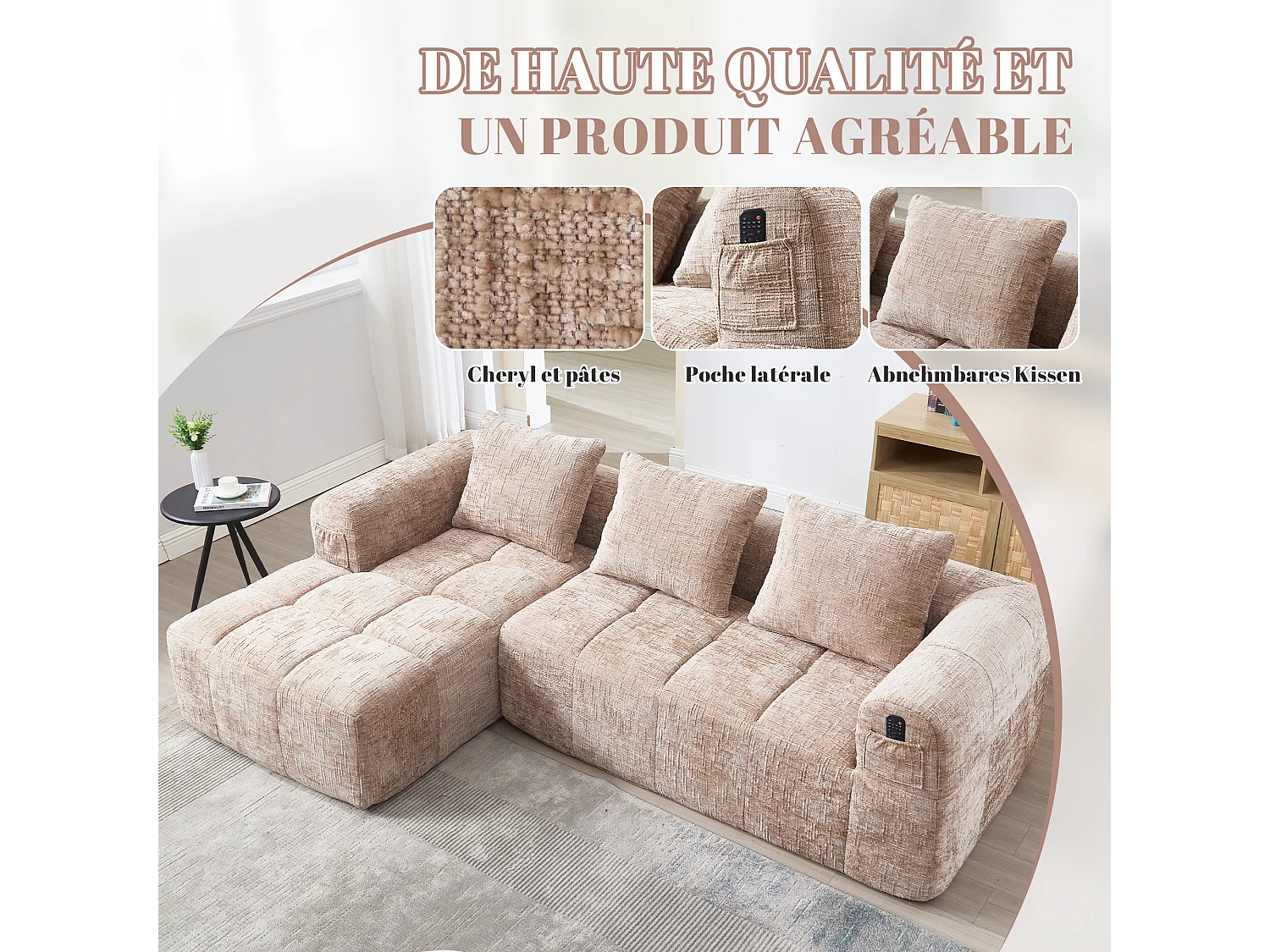 Canapé d'Angle 3 Places en Chenille Taupe avec 3 Dossiers Amovibles  avec Poche de Rangement - Confort Modulable