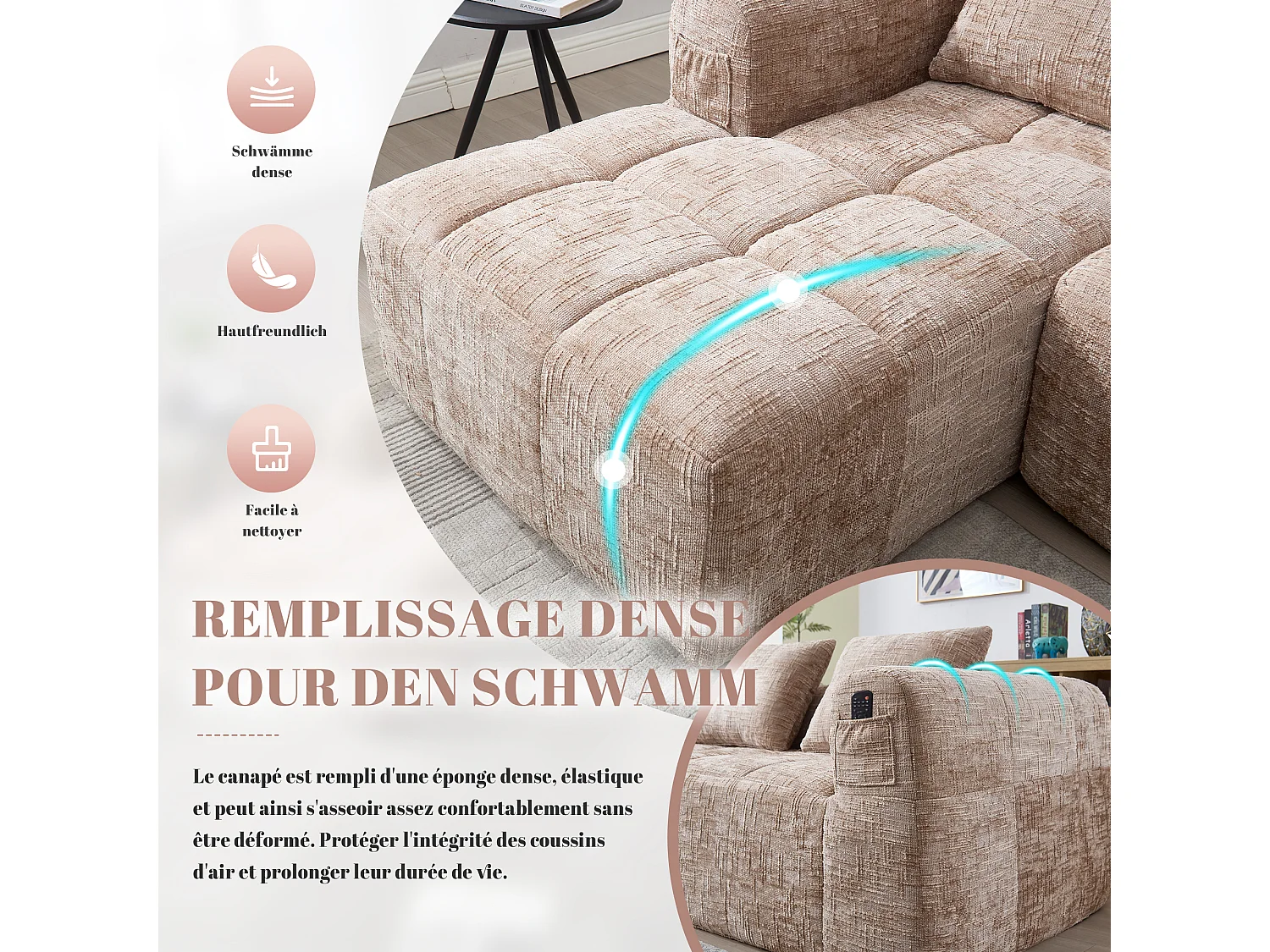 Canapé d'Angle 3 Places en Chenille Taupe avec 3 Dossiers Amovibles  avec Poche de Rangement - Confort Modulable