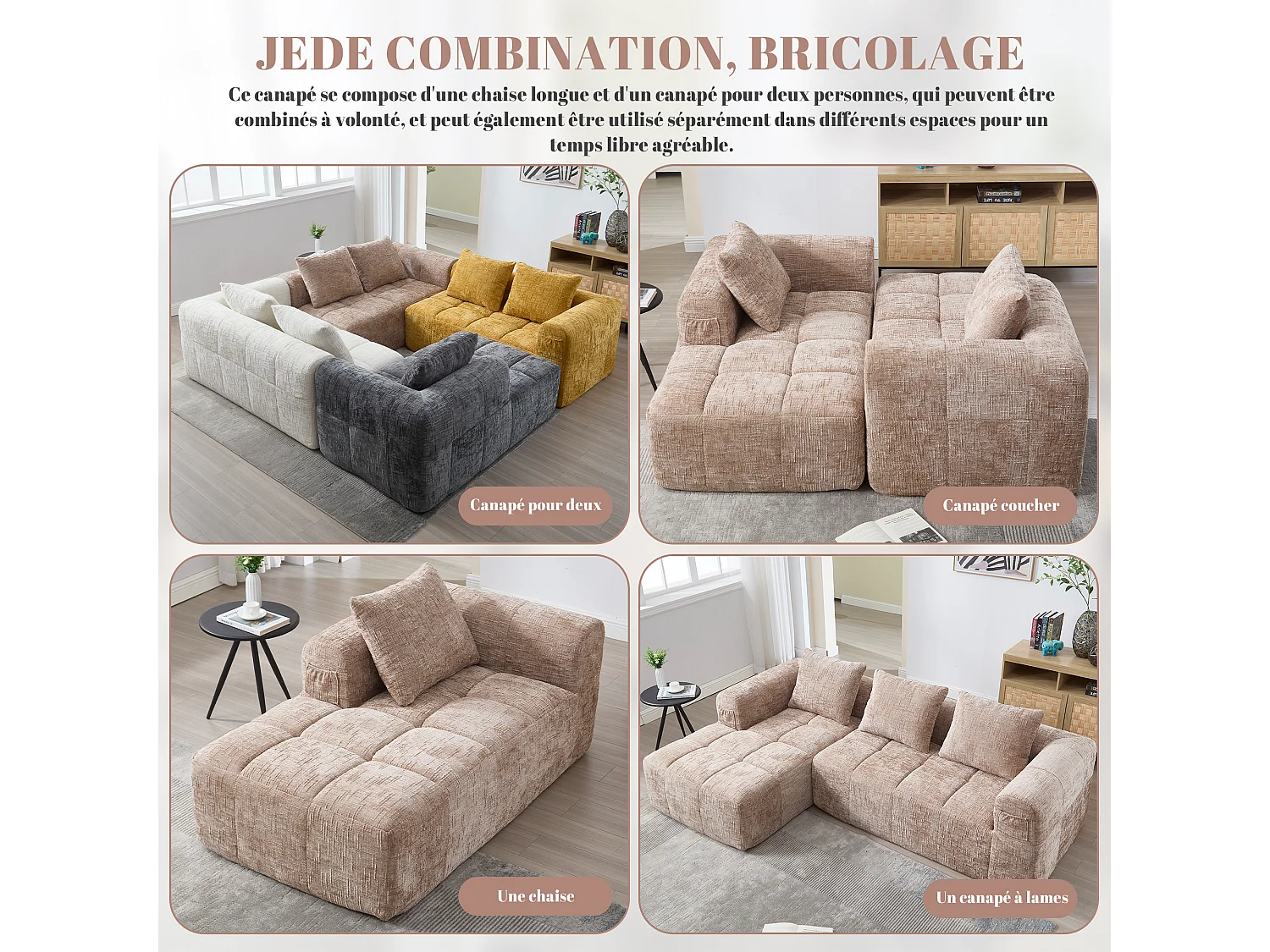 Canapé d'Angle 3 Places en Chenille Taupe avec 3 Dossiers Amovibles  avec Poche de Rangement - Confort Modulable