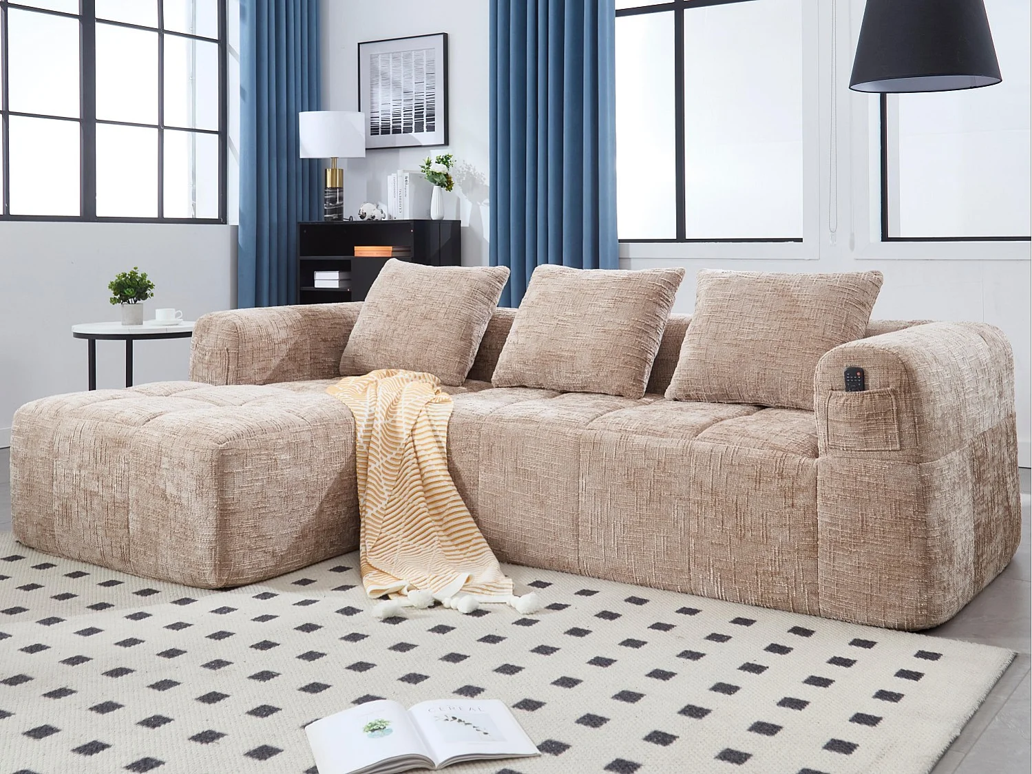 Canapé d'Angle 3 Places en Chenille Taupe avec 3 Dossiers Amovibles  avec Poche de Rangement - Confort Modulable