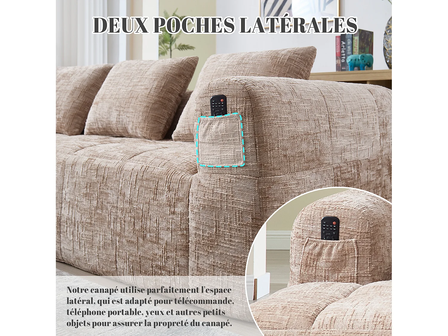 Canapé d'Angle 3 Places en Chenille Taupe avec 3 Dossiers Amovibles  avec Poche de Rangement - Confort Modulable