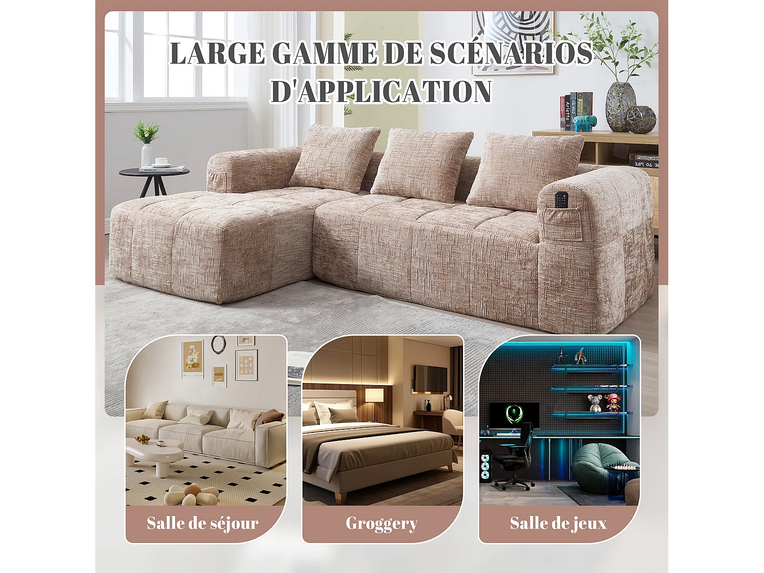Canapé d'Angle 3 Places en Chenille Taupe avec 3 Dossiers Amovibles  avec Poche de Rangement - Confort Modulable