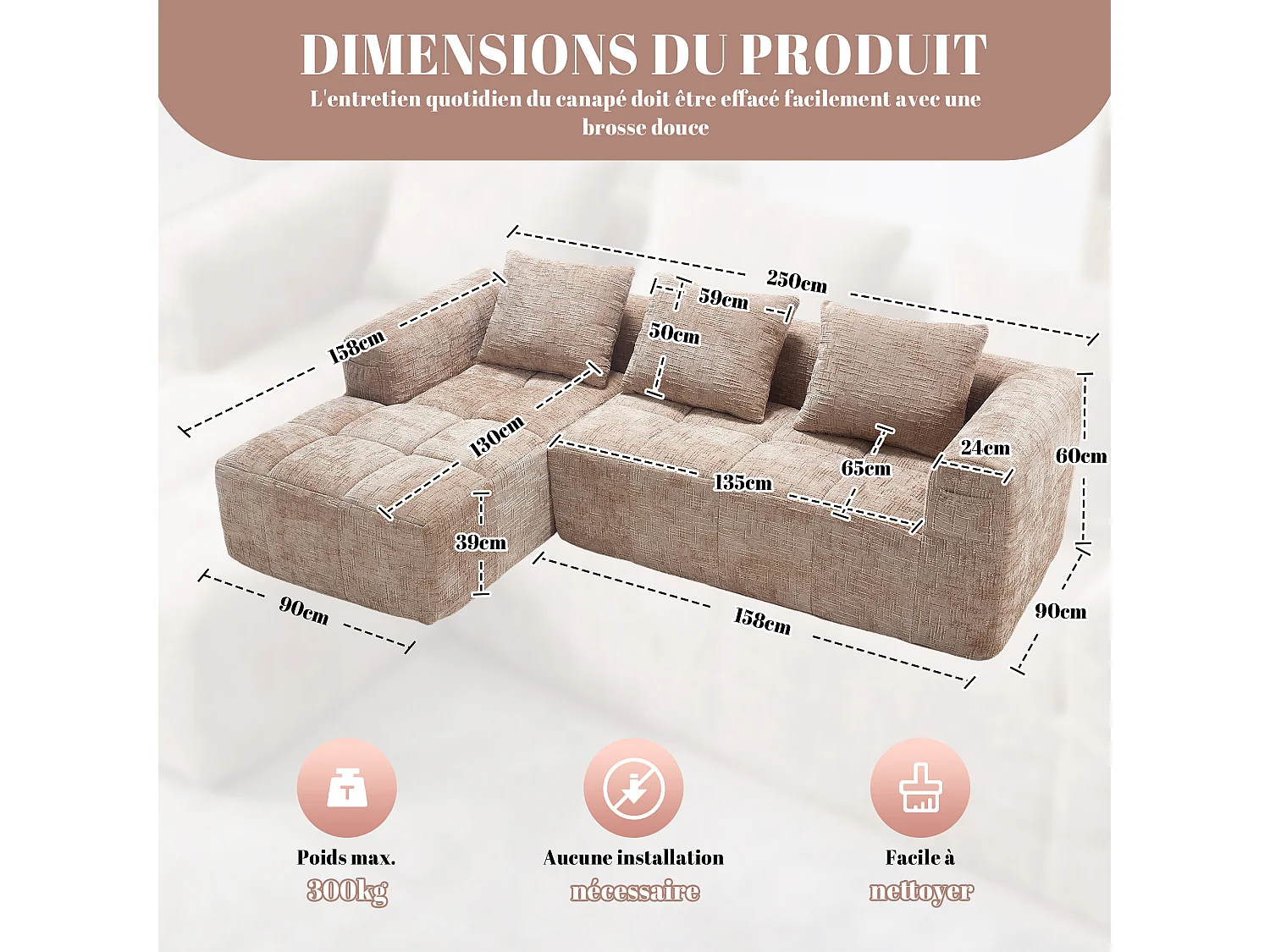 Canapé d'Angle 3 Places en Chenille Taupe avec 3 Dossiers Amovibles  avec Poche de Rangement - Confort Modulable