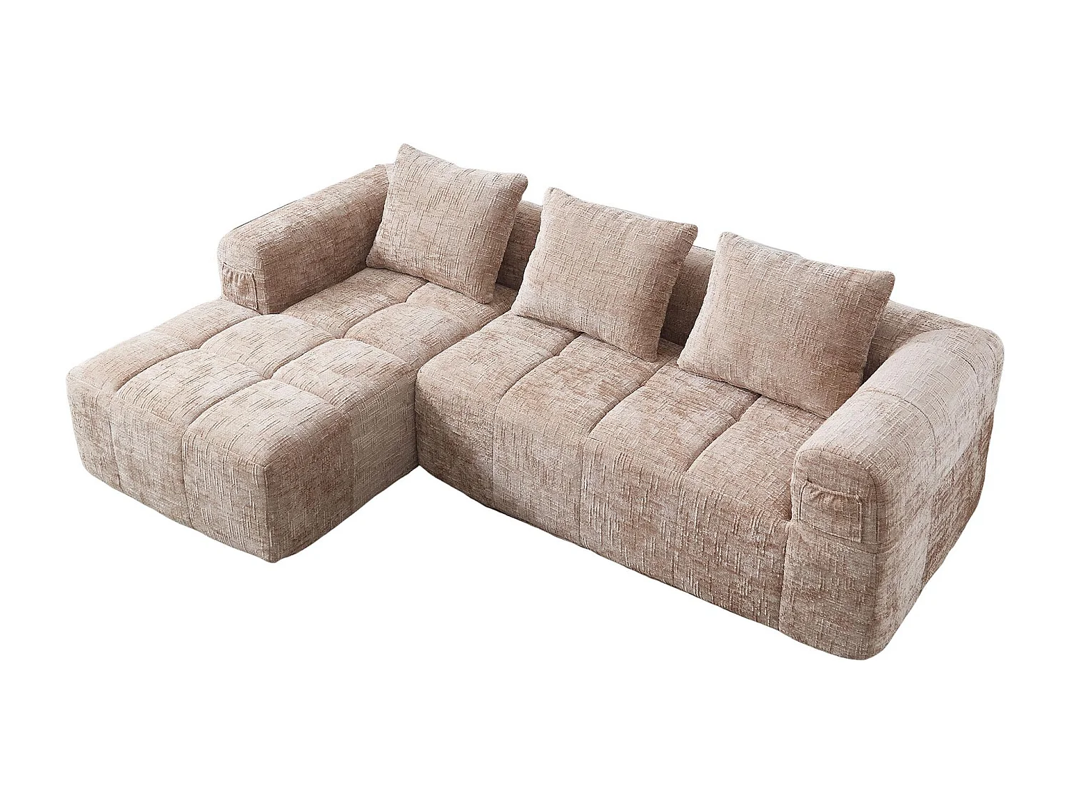 Canapé d'Angle 3 Places en Chenille Taupe avec 3 Dossiers Amovibles  avec Poche de Rangement - Confort Modulable