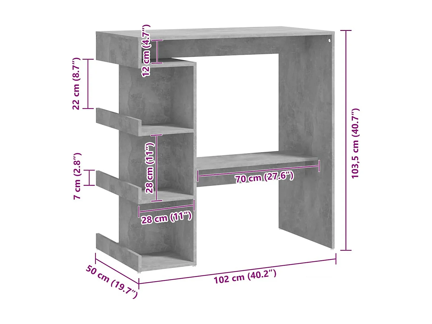 Table de bar étagère de rangement Gris béton Bois d'ingénierie