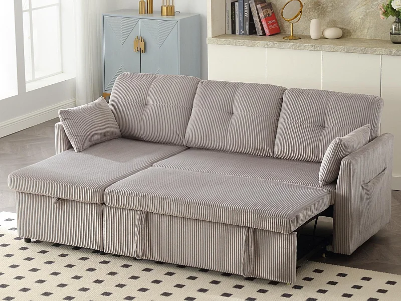 Allurex 1.0 - Canapé 3 Places d'Angle Convertible avec Rangement en Velours Gris  Rayé -  avec 2 Oreiller - 206x130x66-88cm