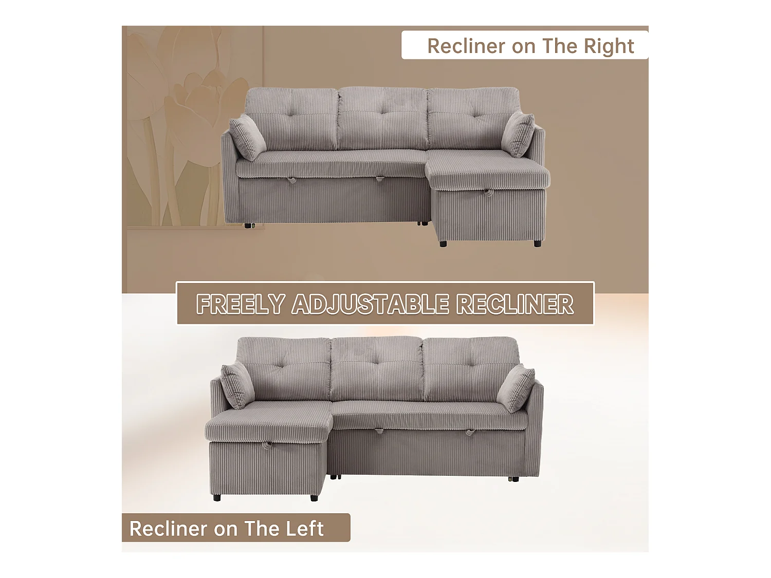 Canapé 3 Places d'Angle Convertible avec Rangement en Velours Gris  Rayé -  avec 2 Oreiller - 206x130x66-88cm