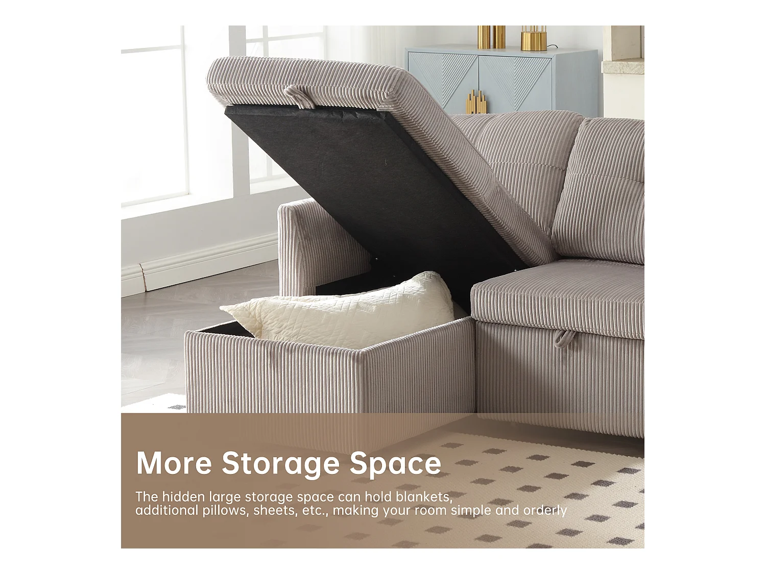 Canapé 3 Places d'Angle Convertible avec Rangement en Velours Gris  Rayé -  avec 2 Oreiller - 206x130x66-88cm