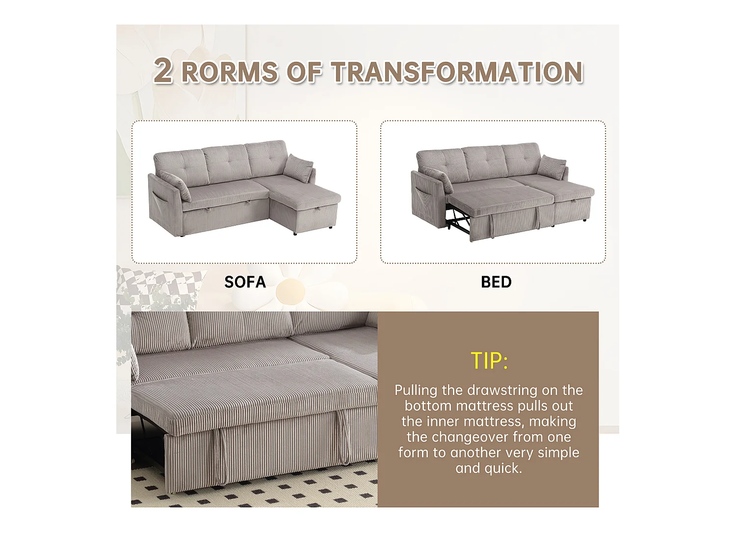 Canapé 3 Places d'Angle Convertible avec Rangement en Velours Gris  Rayé -  avec 2 Oreiller - 206x130x66-88cm