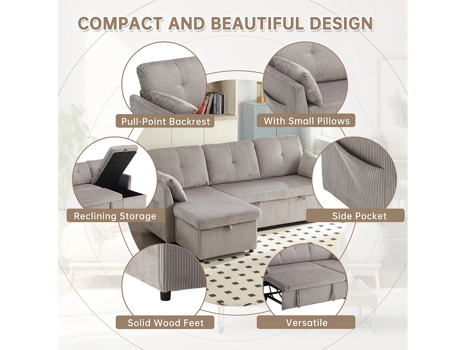 Allurex 1.0 - Canapé 3 Places d'Angle Convertible avec Rangement en Velours Gris  Rayé -  avec 2 Oreiller - 206x130x66-88cm