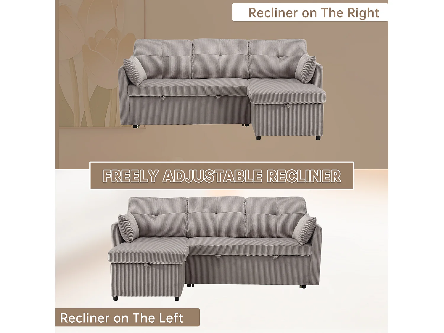 Allurex 1.0 - Canapé 3 Places d'Angle Convertible avec Rangement en Velours Gris  Rayé -  avec 2 Oreiller - 206x130x66-88cm