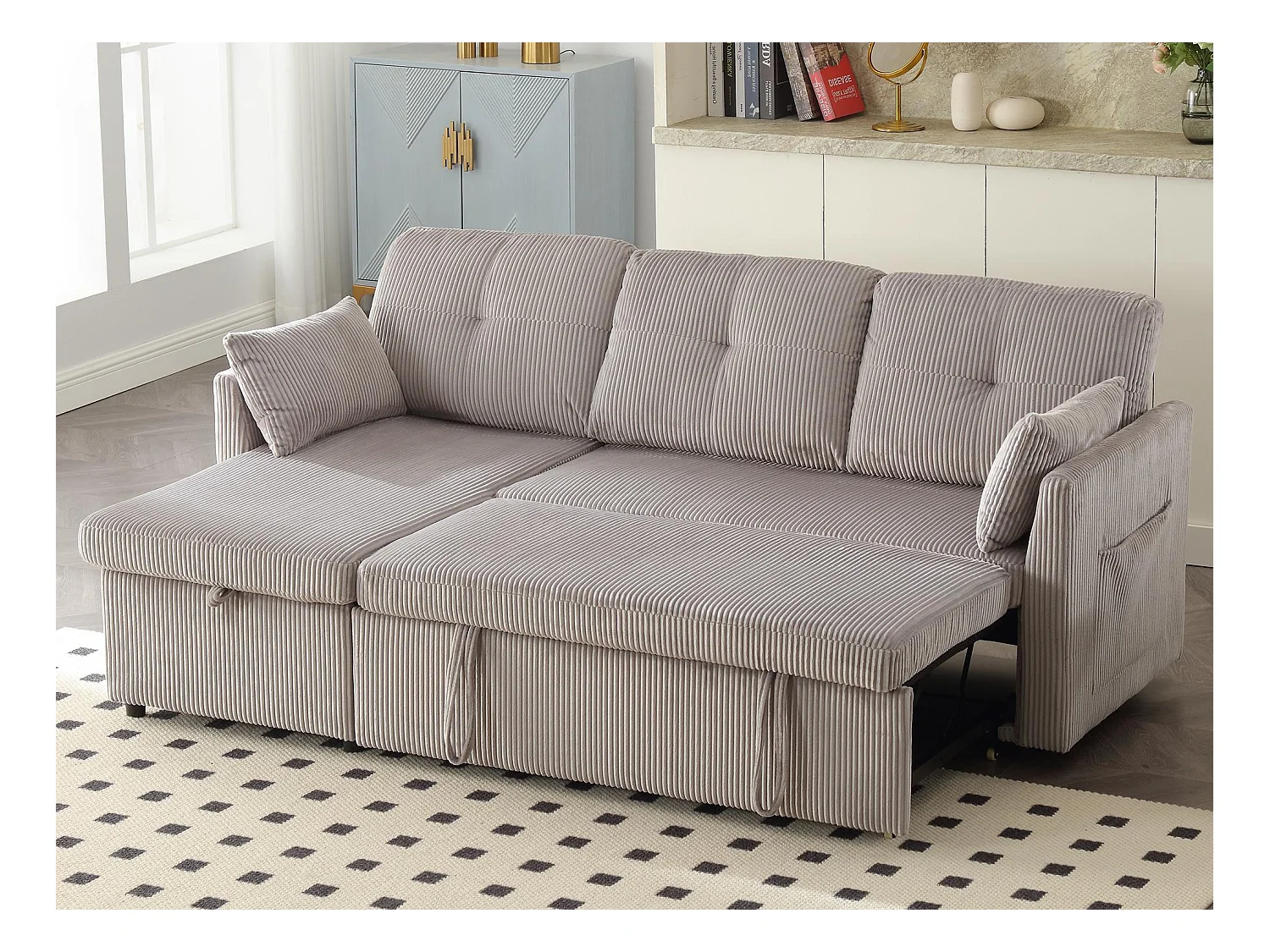 Canapé 3 Places d'Angle Convertible avec Rangement en Velours Gris  Rayé -  avec 2 Oreiller - 206x130x66-88cm